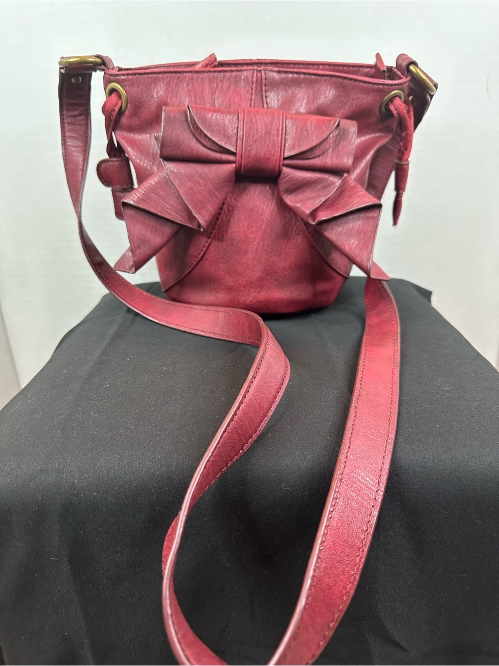 Jessica Simpson Red Bow Accent Bucket Crossbody Bag, leather, 7x9ins